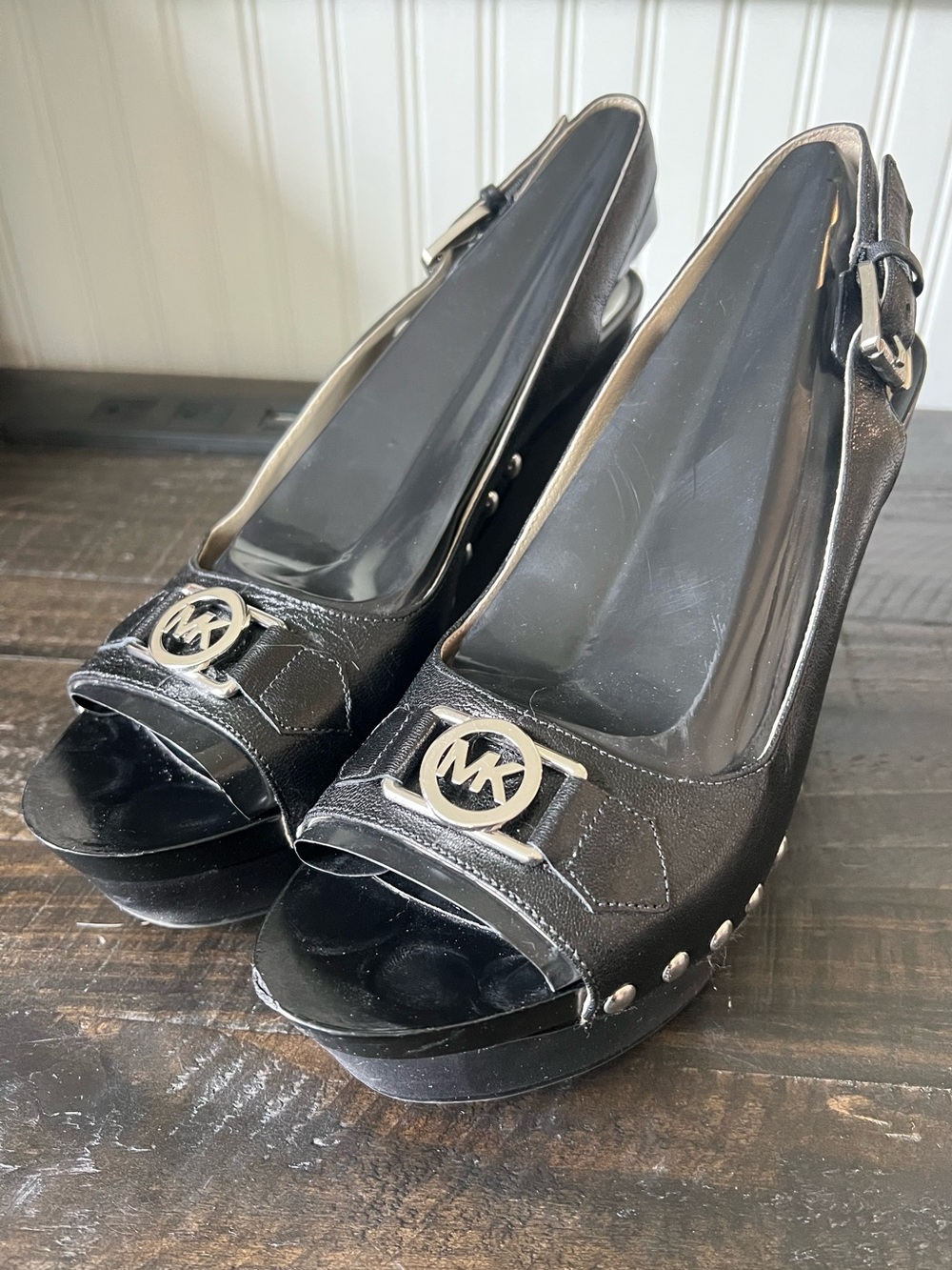 Michael Kors Black Peep Toe Platform Wedges with MK Logo size 11M